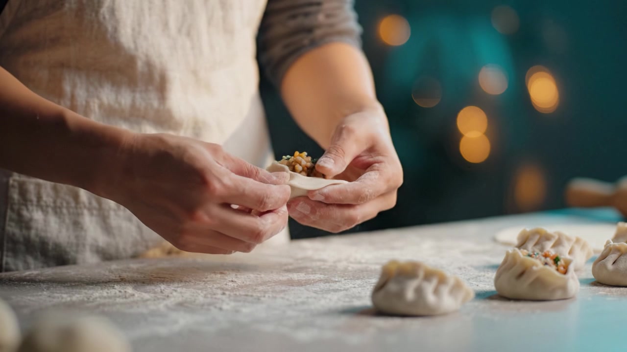 Crafting Dumplings: A Culinary Journey of Rolling Dough and Perfecting Savory Fillings by Hand in a Cozy Kitchen Atmosphere with Soft Lighting
