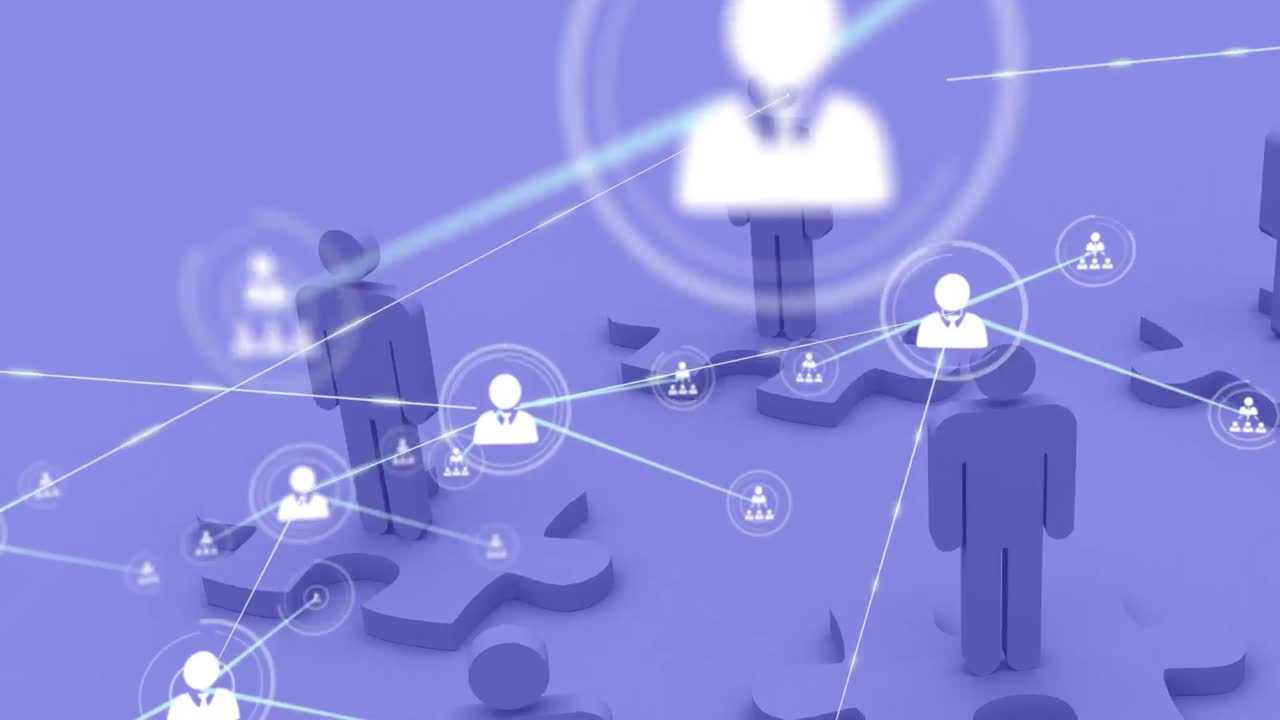 Animation of network of connections with user icons over violet background with men and puzzles