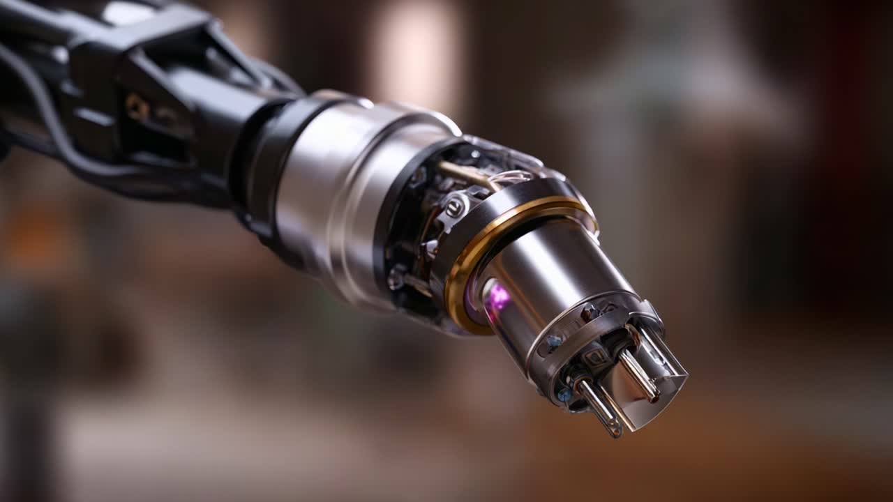 Advanced Robotic Arm Technology: A Close-Up of a Precision Manipulator Featuring a Powerful Plasma Emitter in Action with Luminous Purple Output