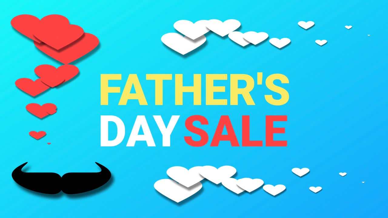 Background for father's day sale isolated on Blue gradient background. Animated white,  red heart's and muchteche.