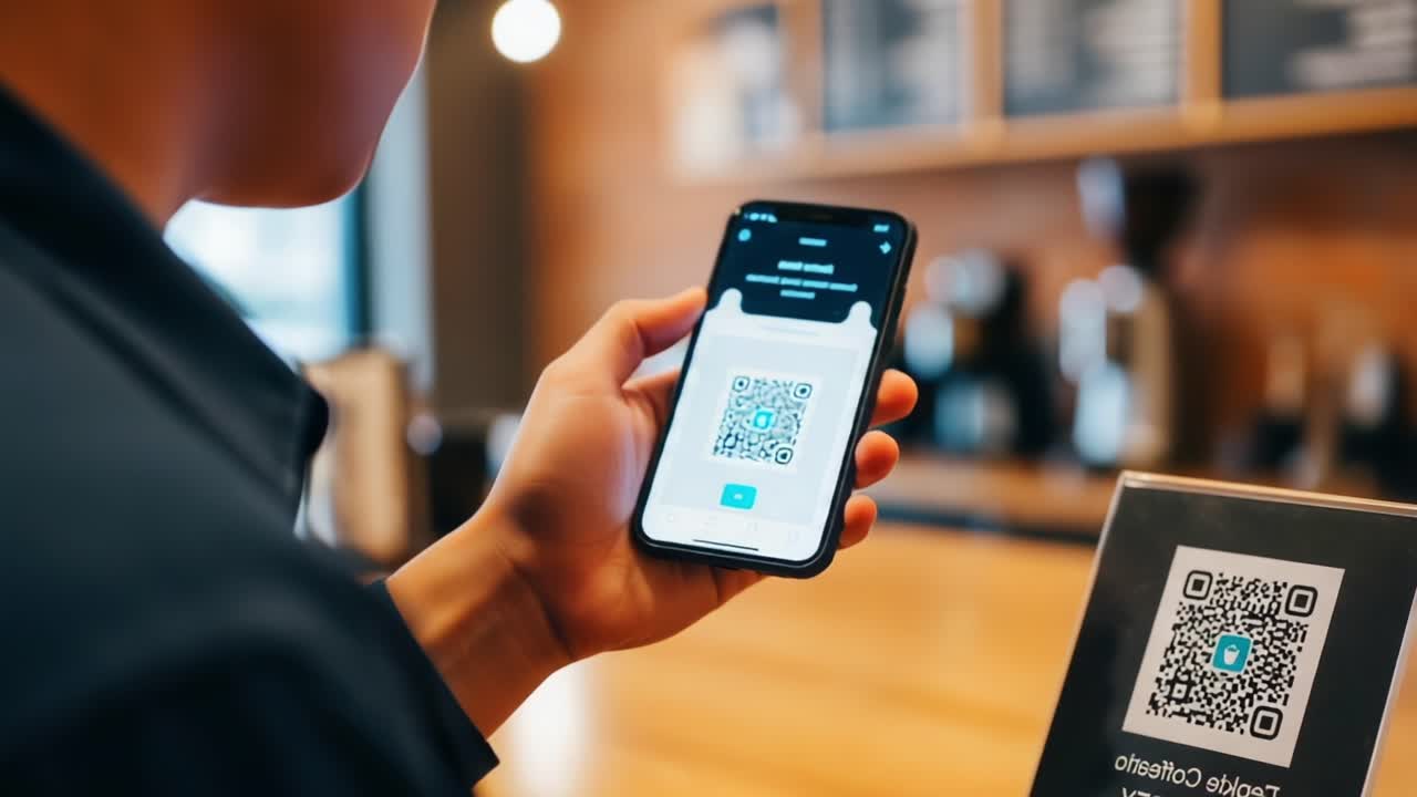 Engaging with Digital Technology: A User Scanning a QR Code on Their Smartphone While Visiting a Modern Coffee Shop