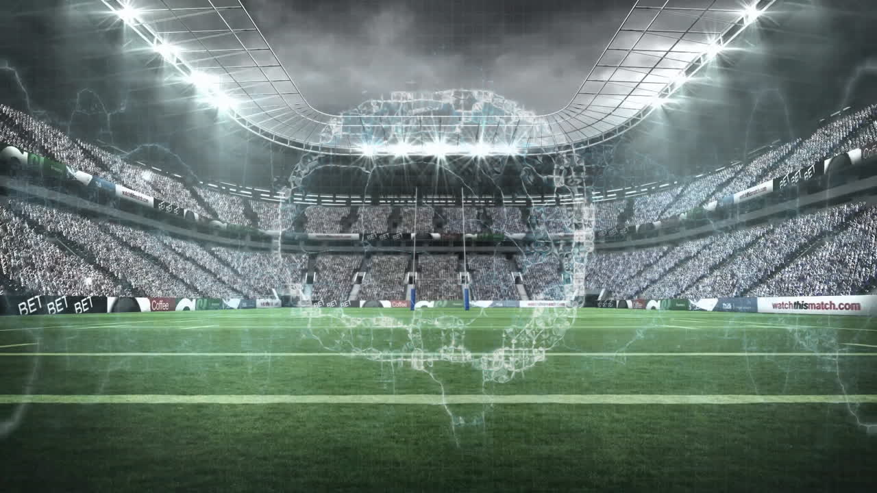 Futuristic digital network animation overlaying empty stadium for football game