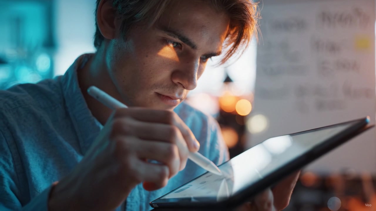 Focused Young Man Engaged in Digital Creation Using a Tablet with a Stylus in a Brightly Lit Creative Workspace Environment at Night