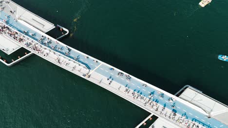 high angle aerial view of lille langebro bridge with people, copenhagen