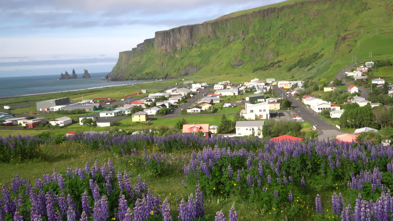 여름에 아이슬란드의 아름다운 도시인 비크 이 미르달.