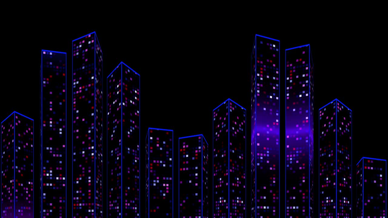 Virtual equalizer. 3D vertical columns in the blue neon laser spectrum, sparkling fluorescent pixel vibrations for a nightclub or show.