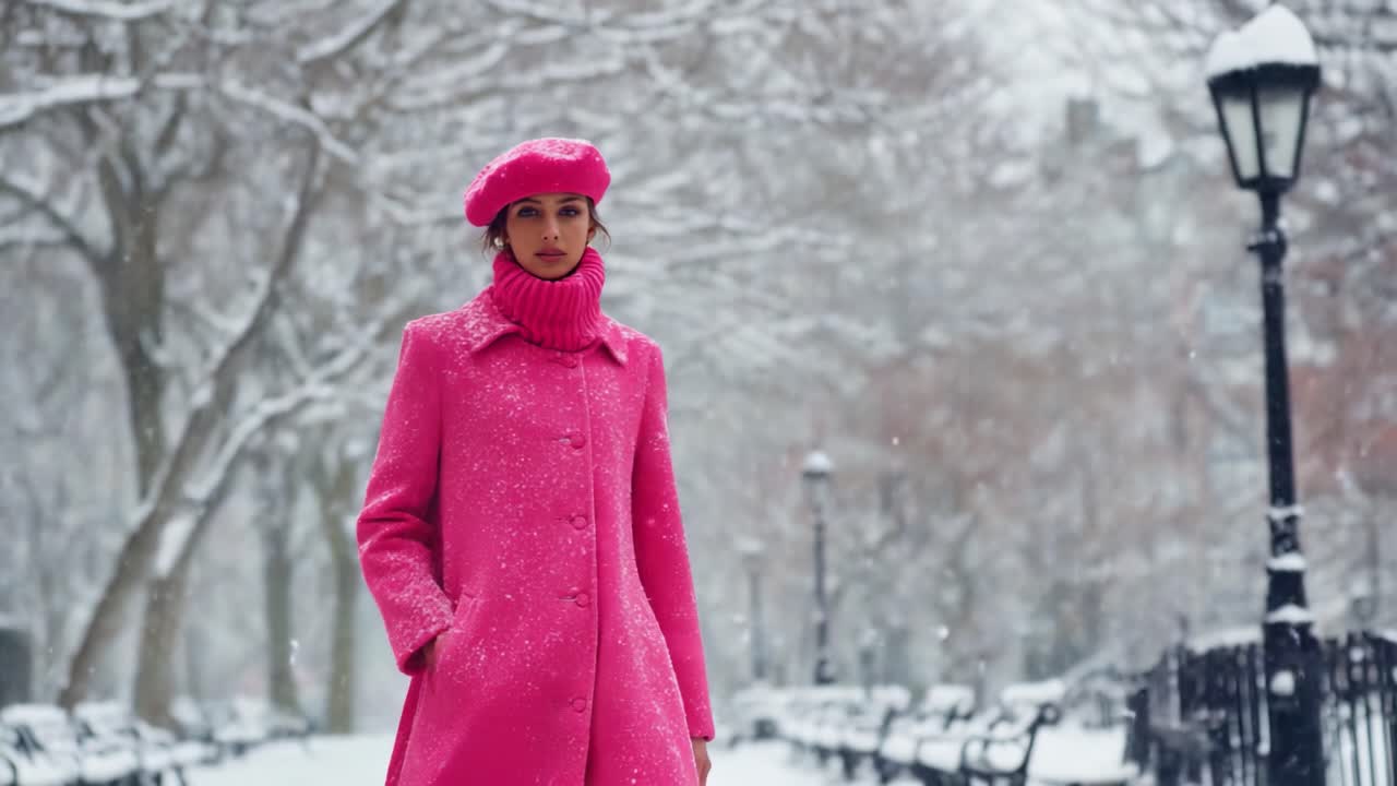A woman elegantly dressed in a vibrant pink coat and matching beret stands gracefully in a snowy park, surrounded by falling snowflakes, showcasing a bold fashion statement against a winter backdrop