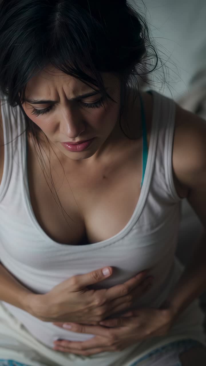 Vertical video: Feeling pain, adult woman clutching stomach on bed, with teal bra strap