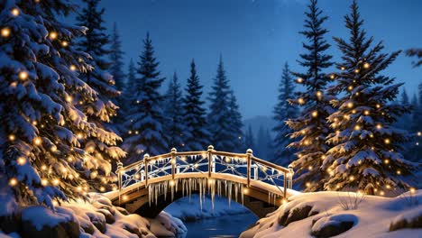 illuminated winter bridge and snowy pines at night