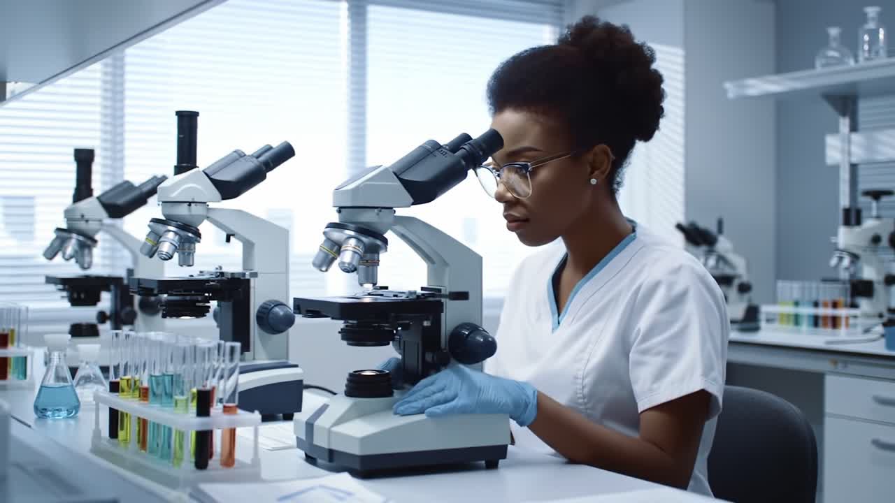 Focused Researcher Analyzing Samples Under Microscope in a Modern Laboratory, Enhancing Scientific Understanding and Conducting Experiments in a Professional Setting