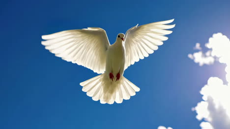 white dove flying and landing on an olive branch against a blue sky