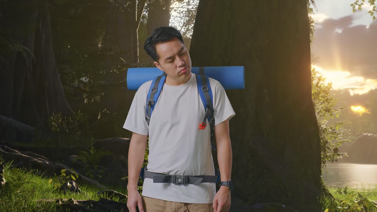 산악 배 을 들고 있는 아시아 남자 산책자 가 머리 를 흔들고 숲 의 자연 을 탐험 하는 동안 불만족 한 얼굴 을 하고 있다