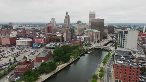 aerial shot of approaching providence rhode island skyline new england