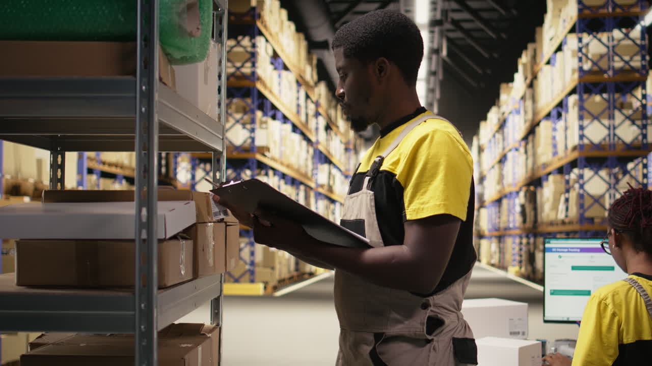 Staff member applying adhesive shipping labels on boxes in industrial depot