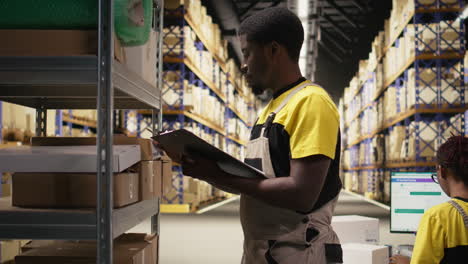 staff member applying adhesive shipping labels on boxes in industrial depot