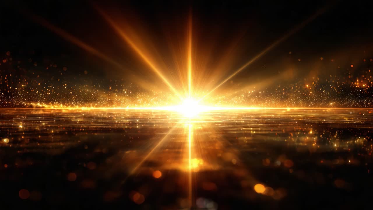 Une explosion radieuse de lumière : une lueur captivante avec des particules scintillantes émane de l’horizon, créant une atmosphère magique dans une scène visuelle époustouflante.