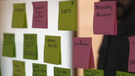 Closeup-of-hand-sticking-pink-post-it-note-with-word-conclusion-on-glass-surface