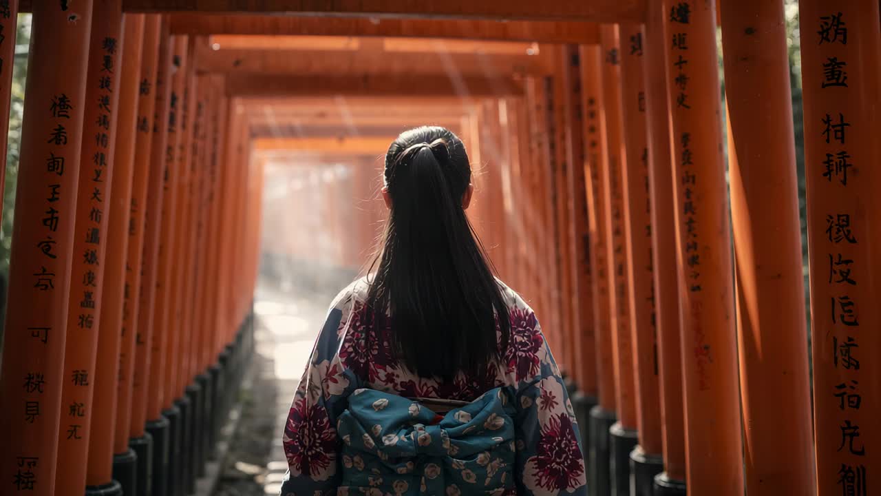 Donna che indossa un kimono che cammina attraverso i cancelli vermigli torii verso il tempio, con la luce del sole che disegna
