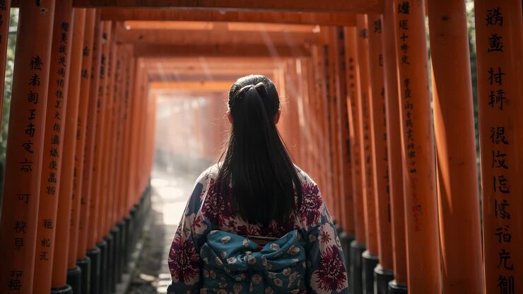 Donna che indossa un kimono che cammina attraverso i cancelli vermigli torii verso il tempio, con la luce del sole che disegna