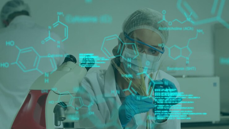 Animation of scientific data processing over caucasian female scientist in laboratory
