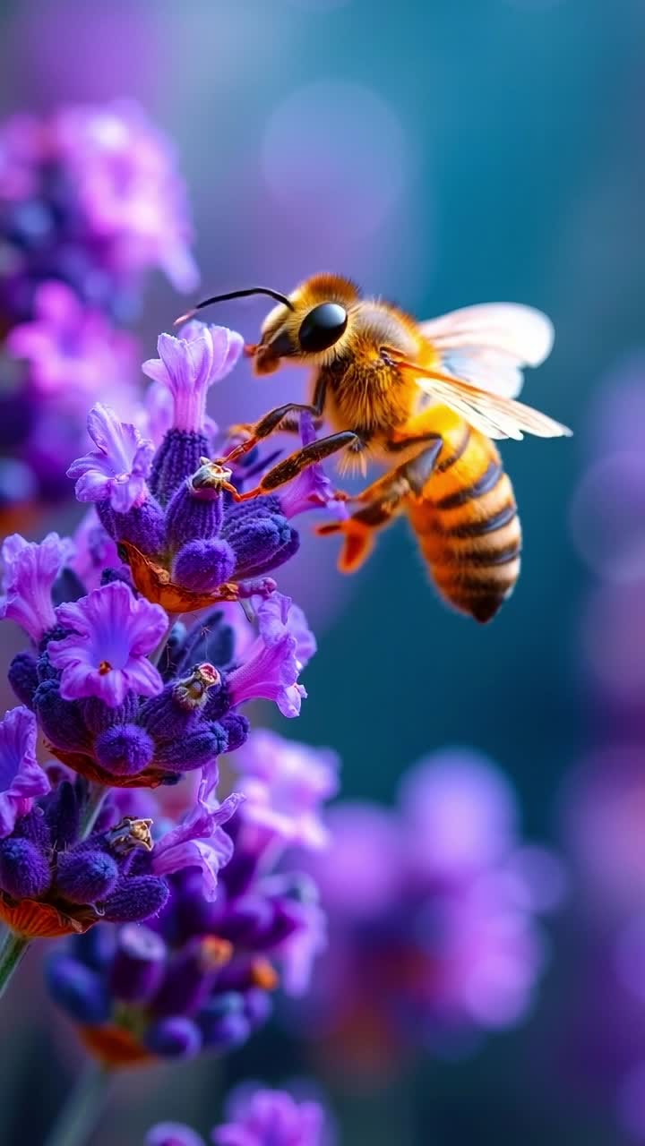 A bee on a lavender flower with a blue background
