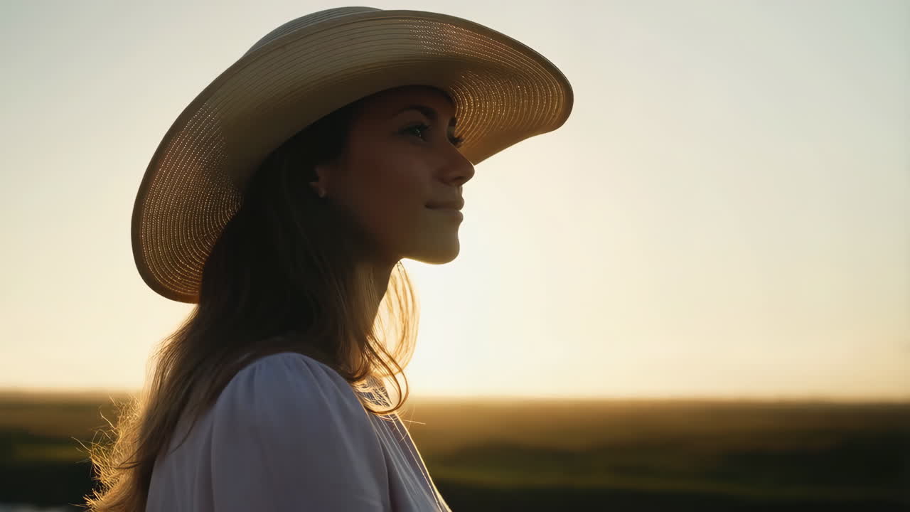 Woman in hat at sunset