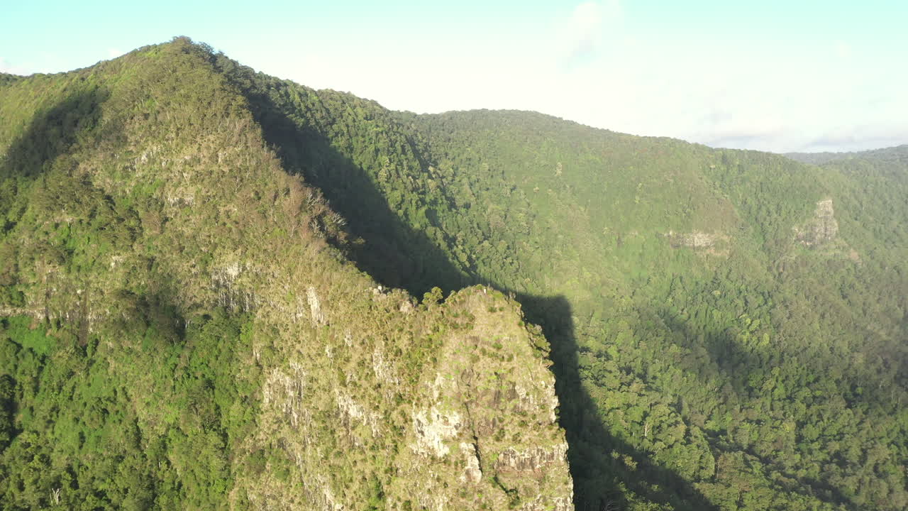 disparo de dron de 4k con movimiento orbital de una gran montaña cubierta de árboles y un hermoso paisaje en el parque nacional border ranges, nueva gales del sur en australia