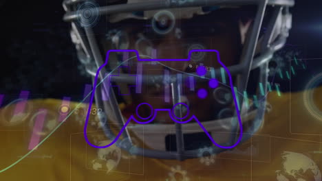 animación del procesamiento de datos con el icono del gamepad sobre el jugador de fútbol americano afroamericano.