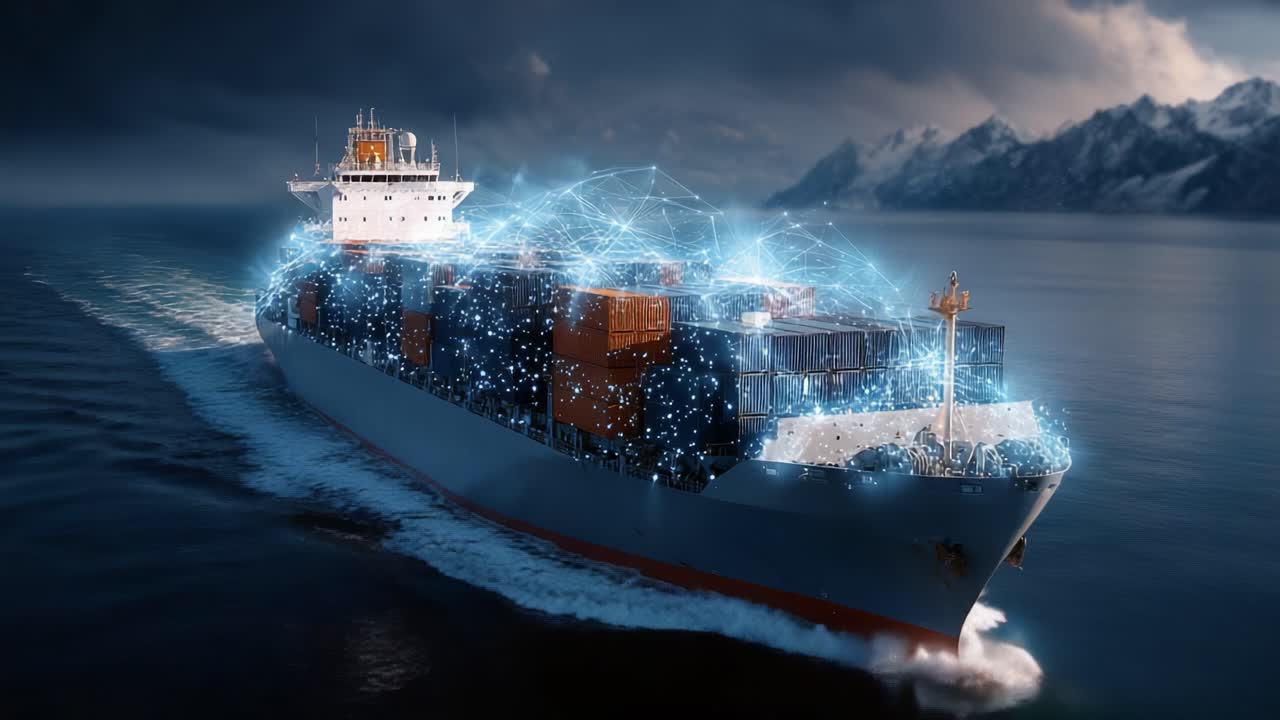 Futuristic Cargo Ship Navigating Through Waters with Advanced Connectivity and Data Flow, Highlighting the Intersection of Maritime Technology and Digital Innovation