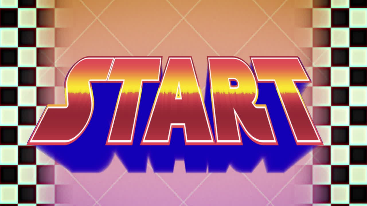 왼쪽과 오른쪽에 움직이는 검은색과 색 체커보드 사각형으로 해가 지는 색으로 시작합니다.