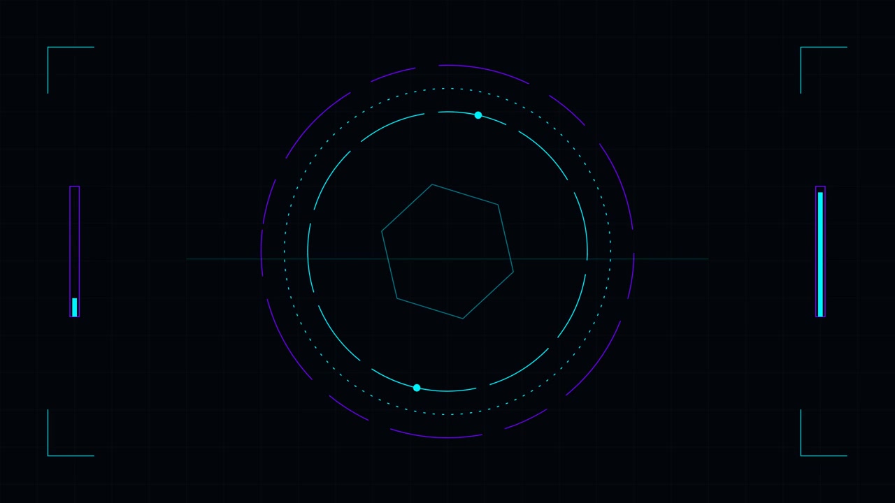 Futuristic Digital HUD Interface with Rotating Hexagon and Scanning Lines