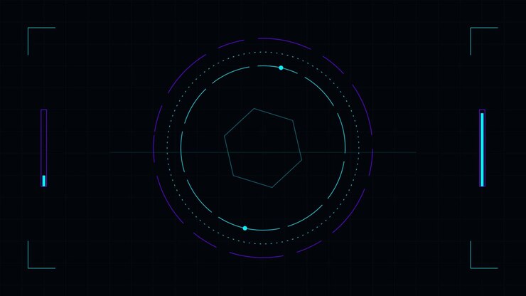 Futuristic Digital HUD Interface with Rotating Hexagon and Scanning Lines