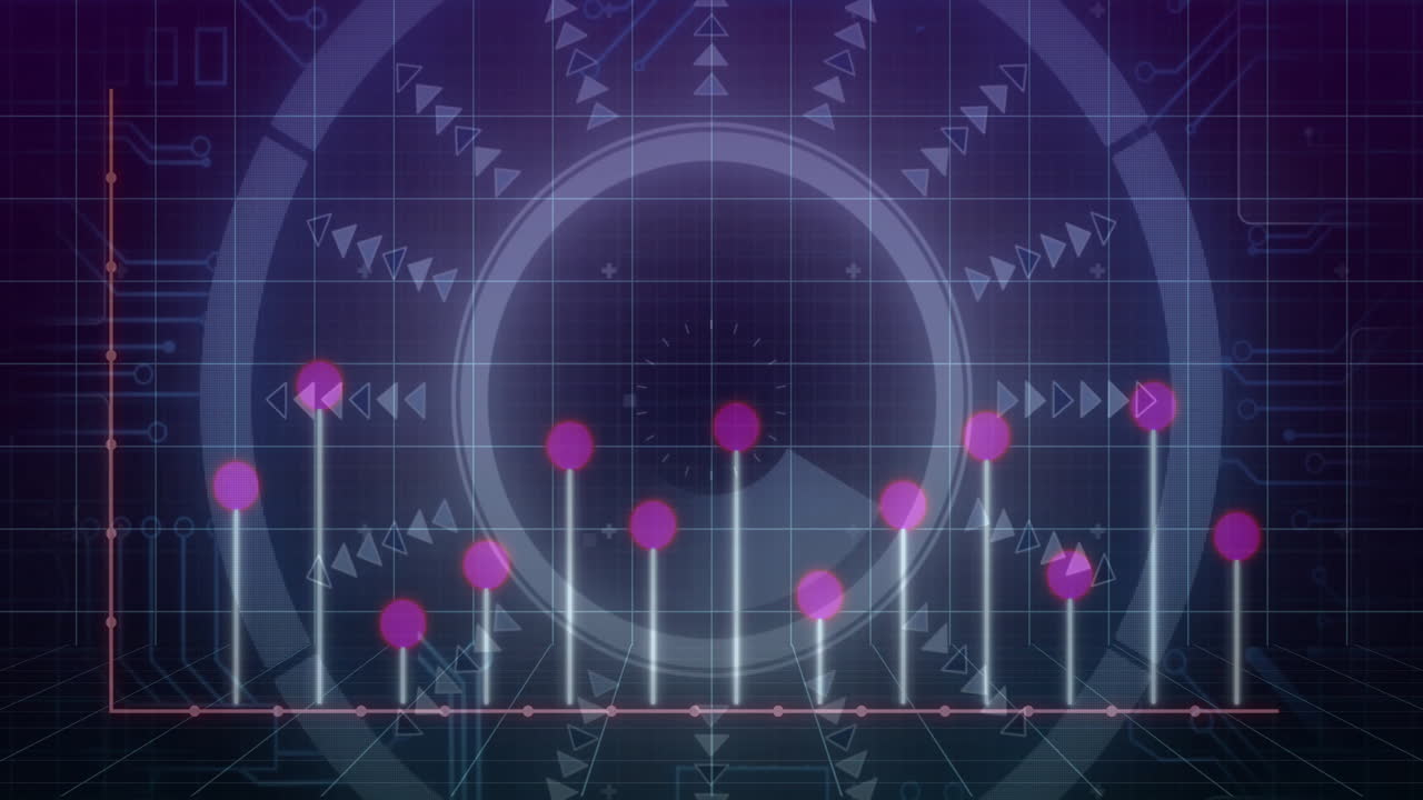 Central circular HUD showing radial segment on grid, featuring neon-blue bars with magenta nodes