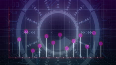 Central circular HUD showing radial segment on grid, featuring neon-blue bars with magenta nodes