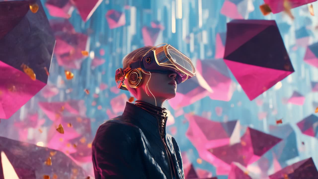 Futuristic Cyberpunk Scene Featuring a Character in a VR Headset Surrounded by Colorful Geometric Shapes and Dynamic Lighting, Illustrating a Vibrant Digital Universe Experience