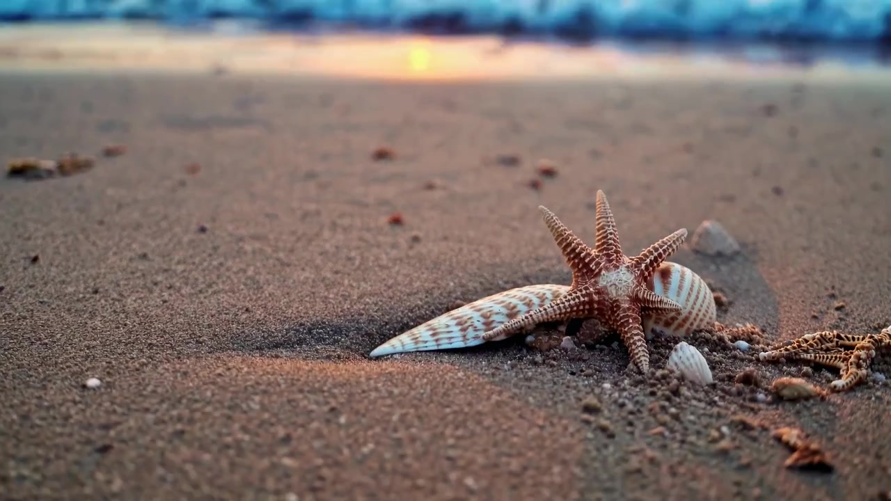 Starfish and Seashells on Sandy Beach at Sunset
