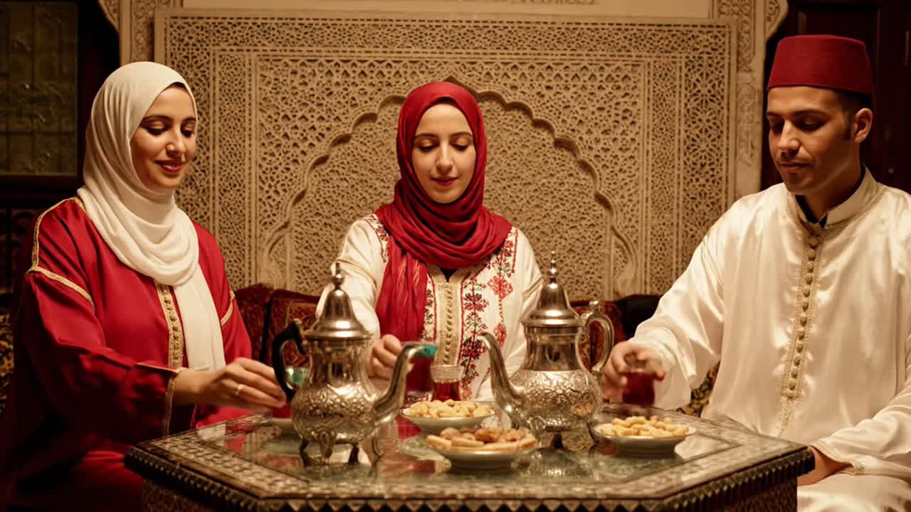 Young Muslim Couple and Friend Having a Tea Ceremony
