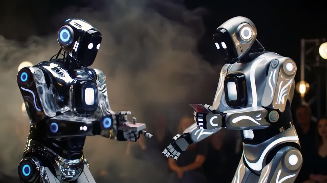 At a tech showcase, two advanced robots wow the crowd with their synchronized dance moves and lights, showcasing impressive interaction and skill.
