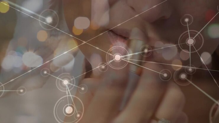 Woman initiating phone call and applying lipstick, network overlay expanding for beauty tech
