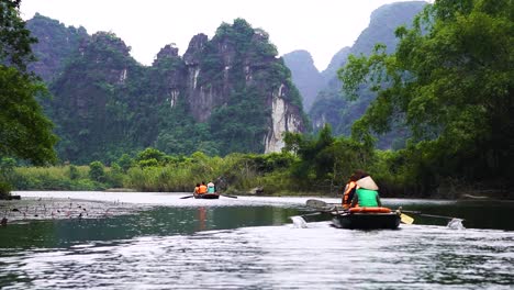 recorridos en botes de remos cerca de ninh binh para turistas en vietnam con acantilados de piedra caliza en segundo plano.