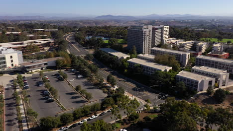 campus buildings in university of california san diego, la jolla - aerial drone, panning shot