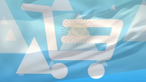 animation of flag of argentina blowing over floating triangles and shopping cart icon