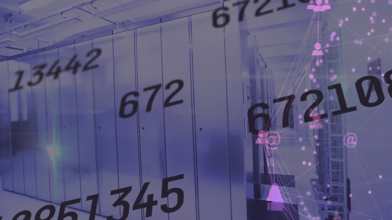 animación de números cambiantes e íconos conectados a través de la sala del servidor de datos