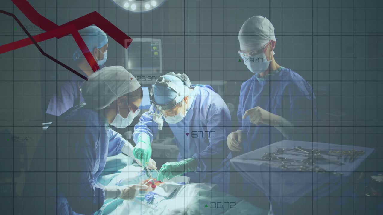 병원에서 수술을 수행하는 외과 의사 팀에 대한 통계 데이터 처리 애니메이션