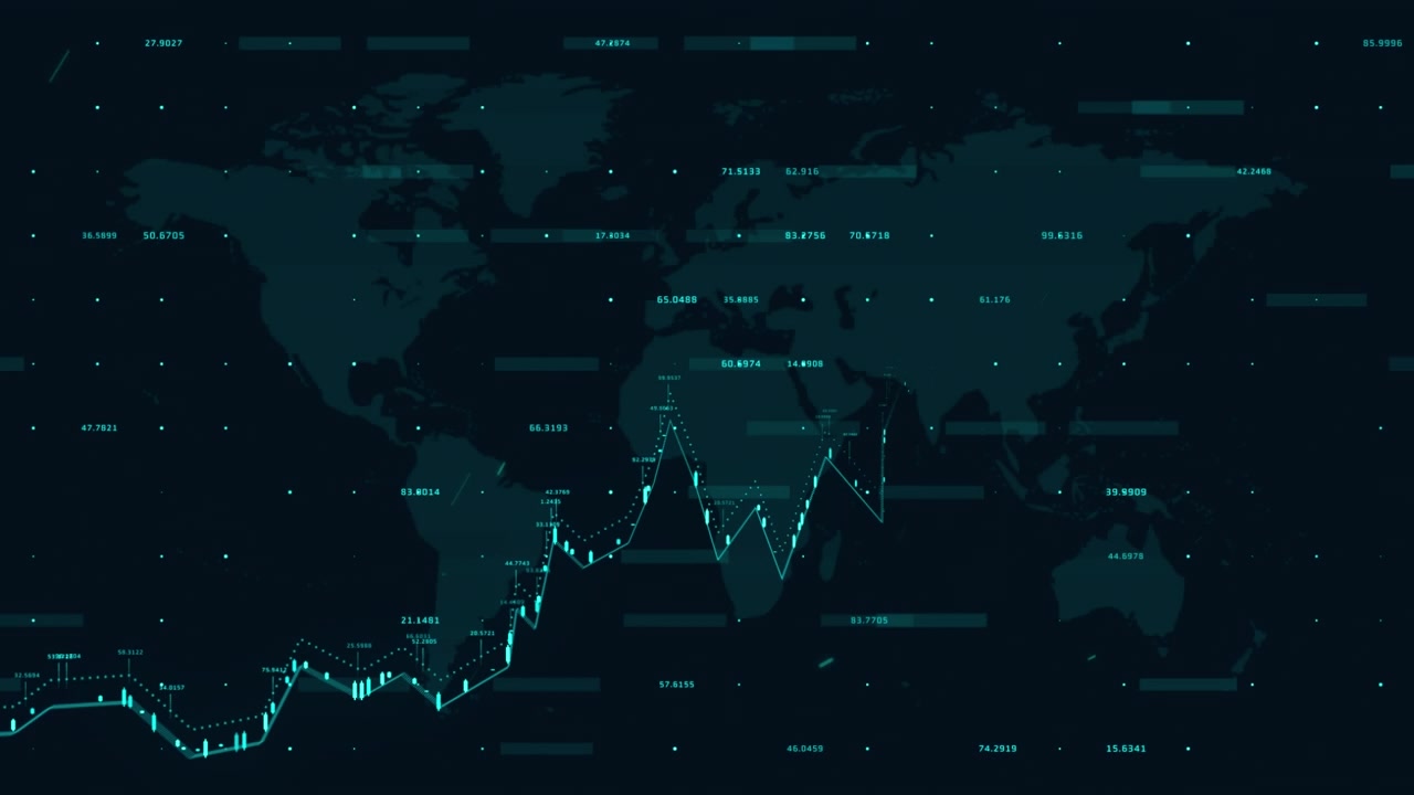 Animazione di elaborazione dati su una mappa del mondo su sfondo scuro.
