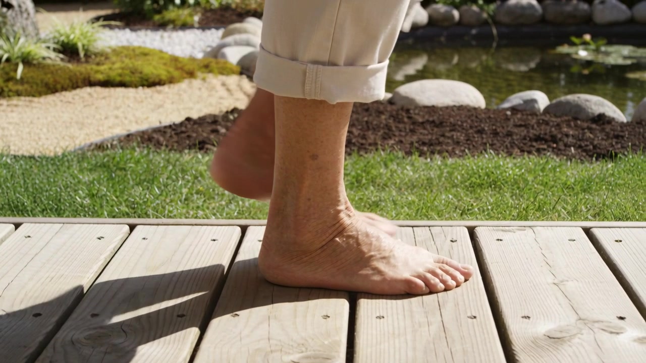 I piedi di un anziano spostano il peso, appoggiandosi su un ponte di legno accanto a uno stagno per mantenere l'equilibrio, con pantaloni con risvolto.