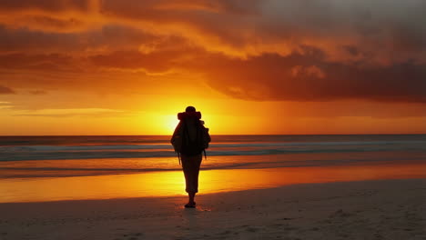 backpacker silhouette on a beach at sunset