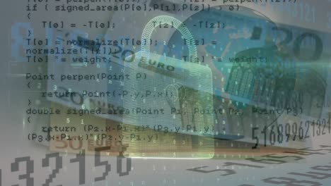 animación del procesamiento de datos y el candado de seguridad sobre los billetes en euros