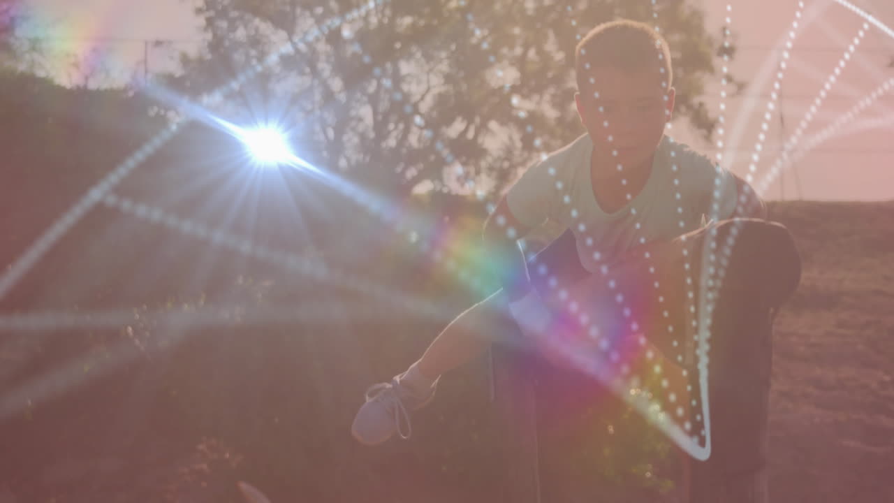 Tying shoelaces, person in bright sunlight with abstract animation patterns