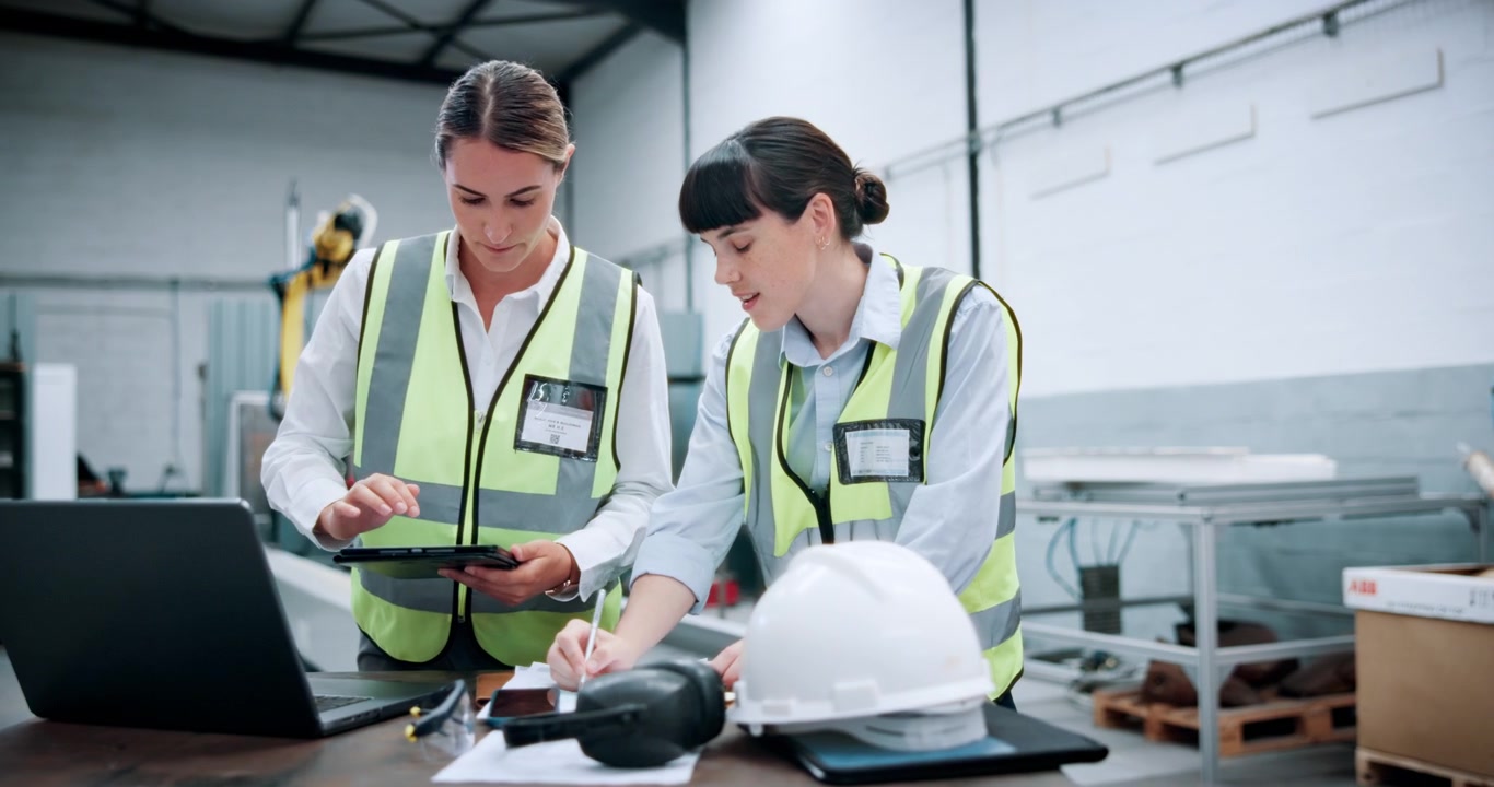 Due ingegnere donne che esaminano progetti in uno stabilimento di produzione